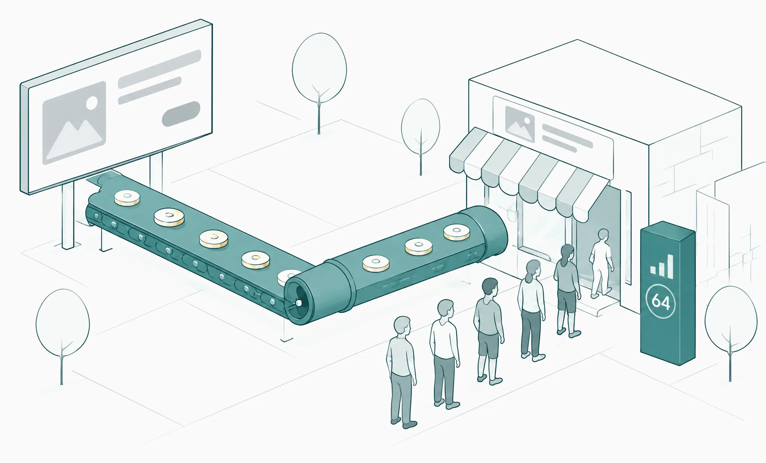 After: the pipe is whole, coins reach the shop, a queue stands at the door and the counter shows the result.