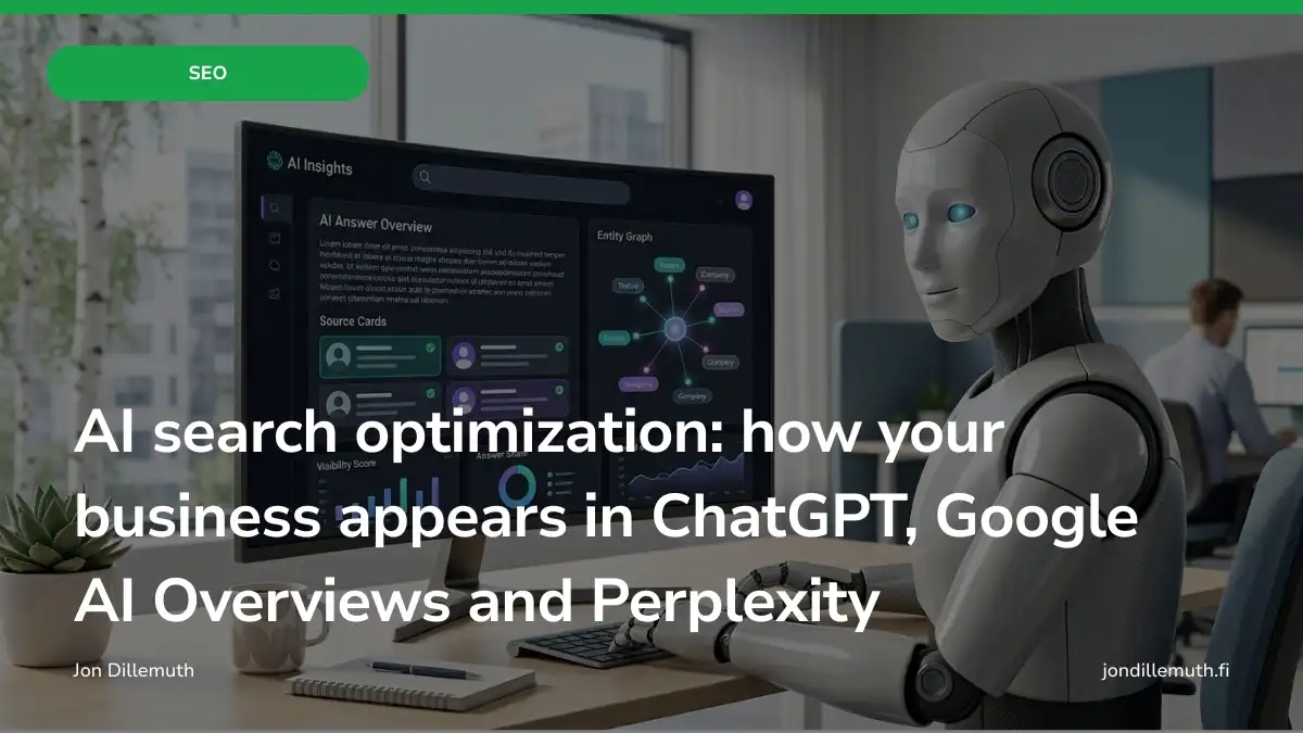 AI search optimization guide cover with an AI assistant analysing AI search results and source cards