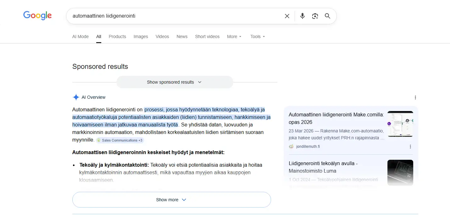 Google AI Overview hakusanalle 'automaattinen liidigenerointi': jondillemuth.fi näkyy lähteenä oikeassa paneelissa