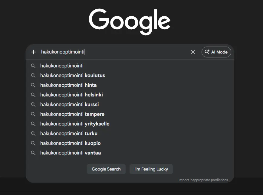 Google Autocomplete ehdotukset haulla hakukoneoptimointi: koulutus, hinta, helsinki, kurssi, tampere, yritykselle
