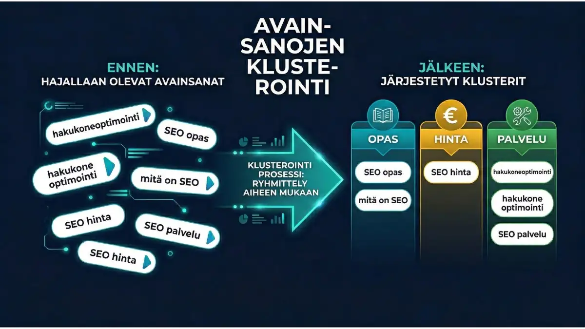 Avainsanojen klusterointi: vasemmalla hajallaan olevat avainsanat, oikealla samat avainsanat järjestettyinä kolmeen klusteriin: Opas, Hinta ja Palvelu