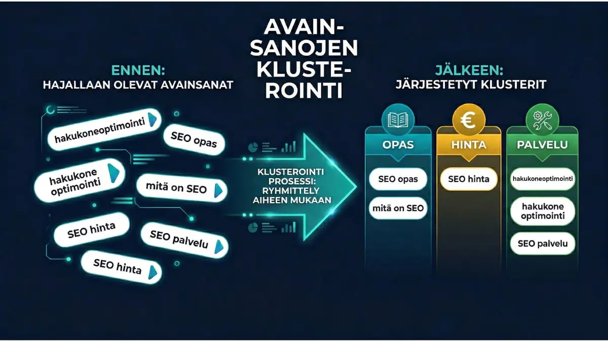 Avainsanojen klusterointi: vasemmalla hajallaan olevat avainsanat, oikealla samat avainsanat järjestettyinä kolmeen klusteriin: Opas, Hinta ja Palvelu
