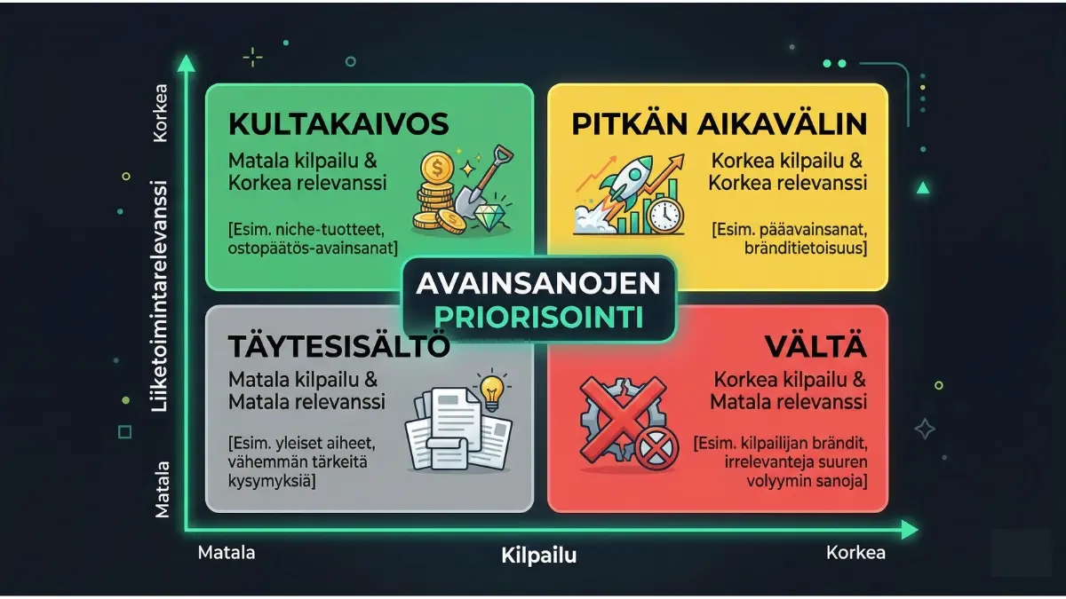 Avainsanojen priorisoinnin nelikenttä: Kultakaivos (matala kilpailu, korkea relevanssi), Pitkän aikavälin (korkea kilpailu, korkea relevanssi), Täytesisältö (matala kilpailu, matala relevanssi), Vältä (korkea kilpailu, matala relevanssi)