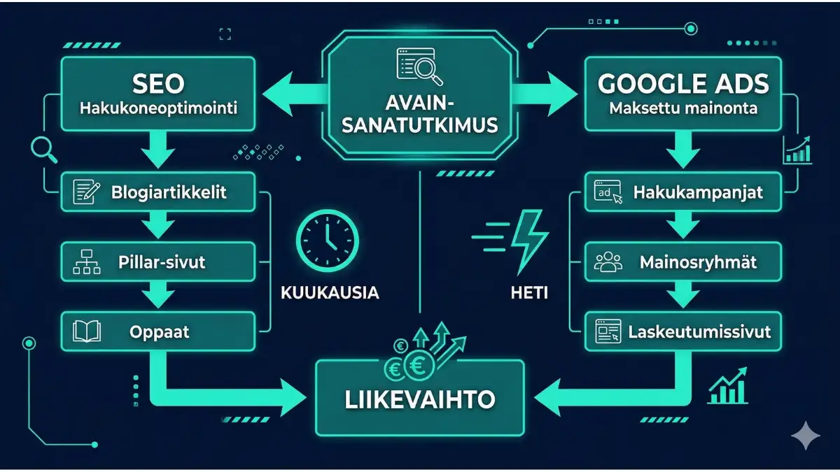 Avainsanatutkimus jakautuu kahteen polkuun: SEO (blogiartikkelit, pillar-sivut, oppaat, kuukausia) ja Google Ads (hakukampanjat, mainosryhmät, laskeutumissivut, heti). Molemmat johtavat liikevaihtoon.