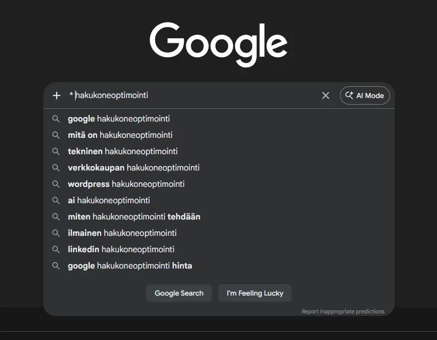 Google Autocomplete wildcard-haku: tähti ennen hakukoneoptimointi näyttää ehdotukset kuten tekninen, verkkokaupan, wordpress ja ai hakukoneoptimointi
