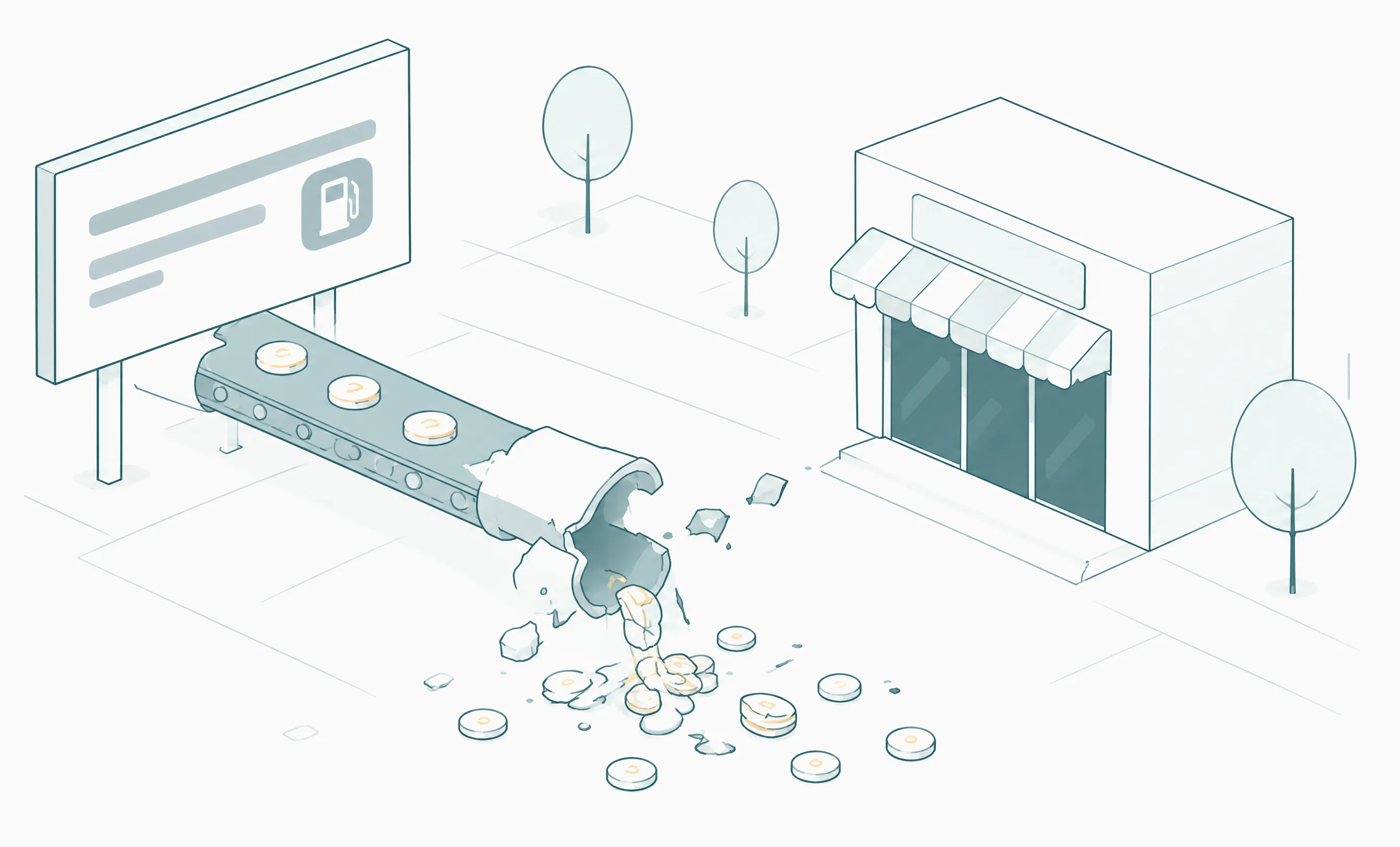 Before: the pipe from the billboard is broken and coins spill on the ground before the shop. The shop is empty.