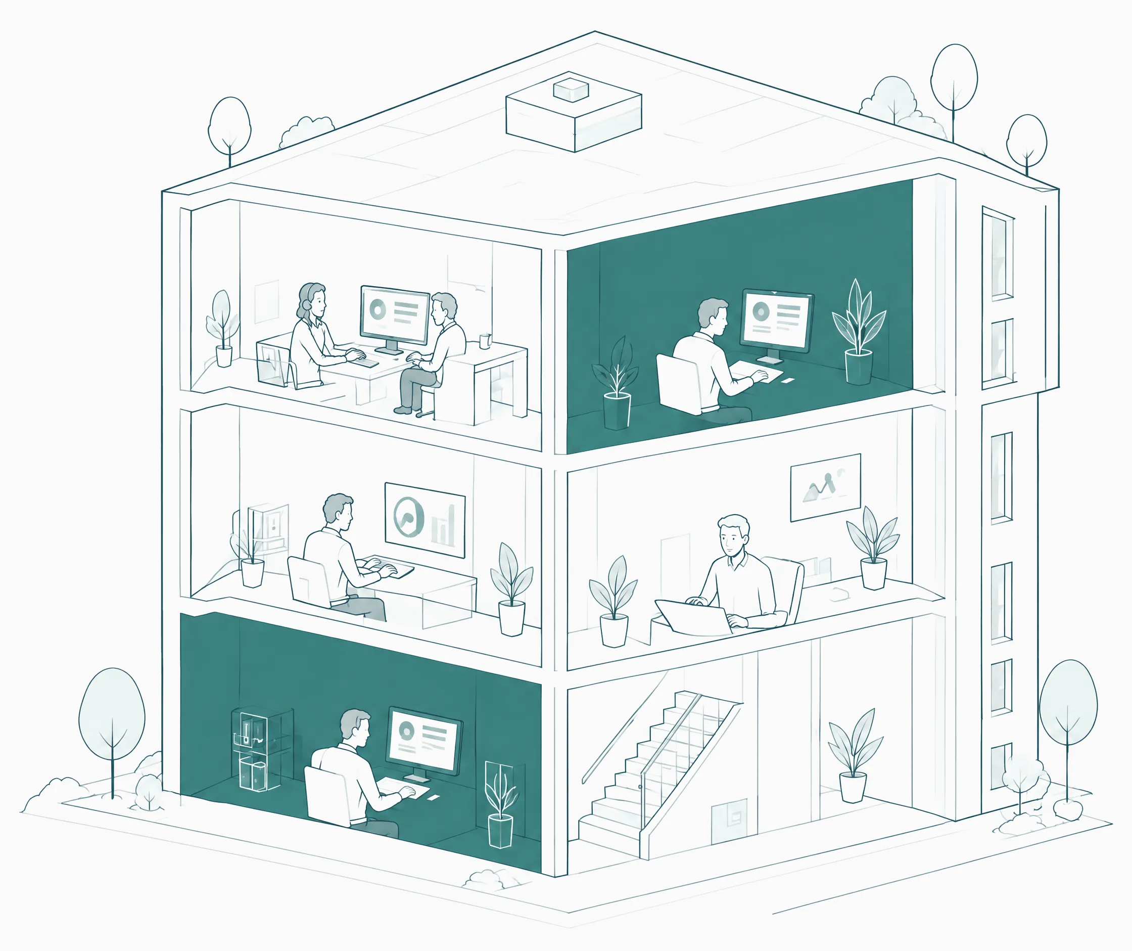 A cut-away office building: each room is a daily task, and two petrol rooms are where AI helps first.