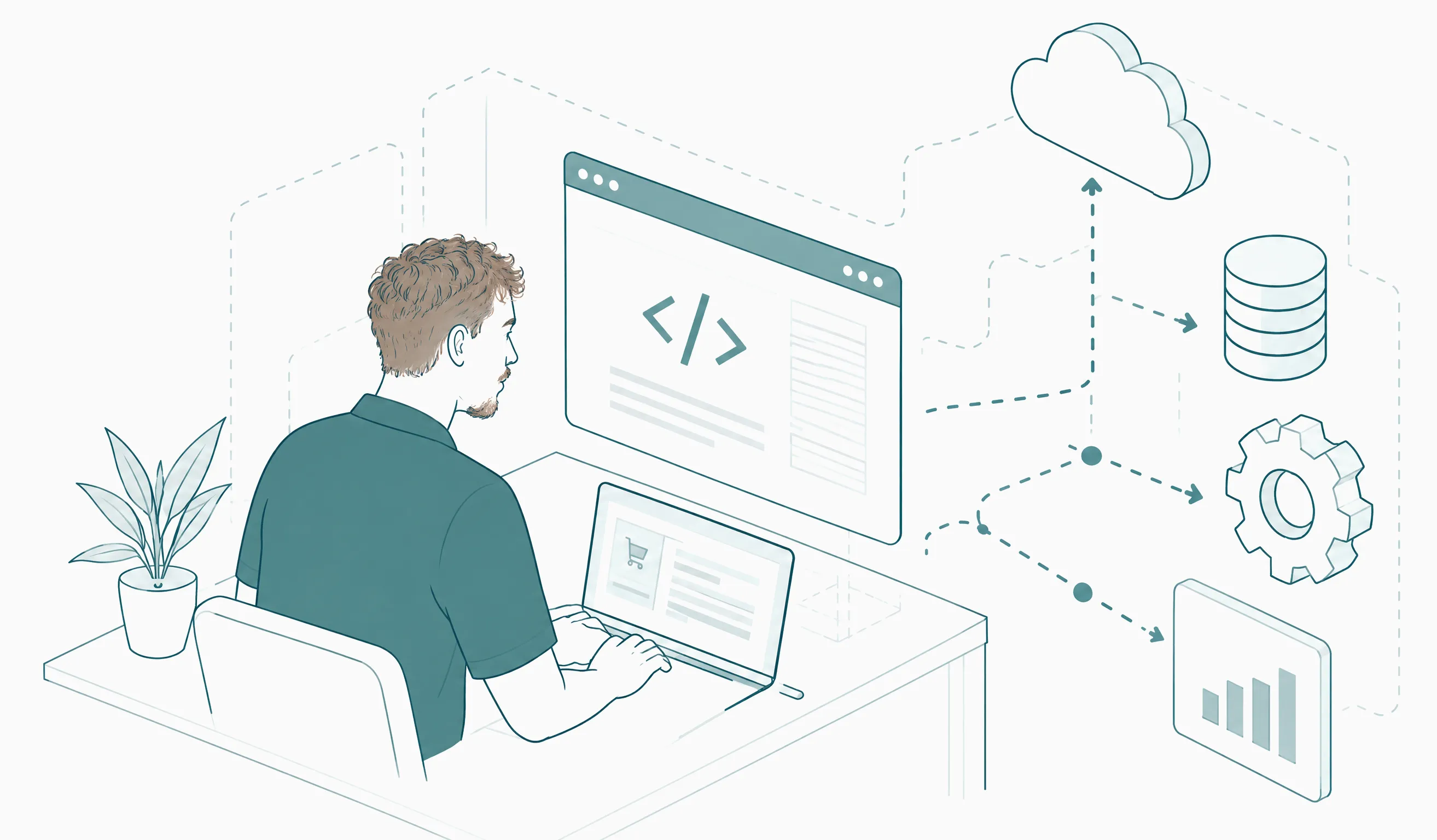 Jon Dillemuth coding at a screen; dashed lines lead to the cloud, a database, settings and reports.