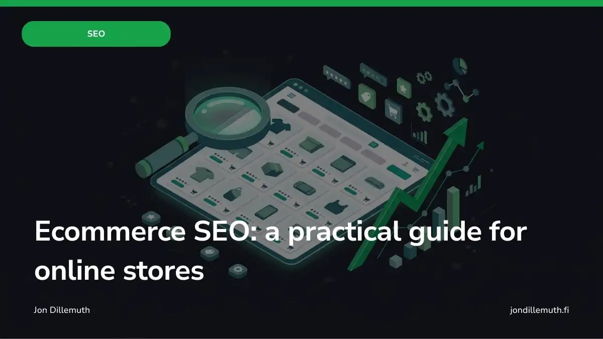 Ecommerce SEO guide cover with an online store interface, search magnifier and upward growth arrow