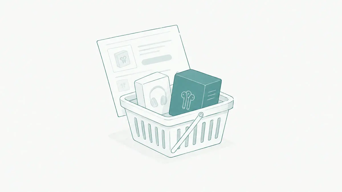 Drawing: a shopping basket with two boxes in front of a product page