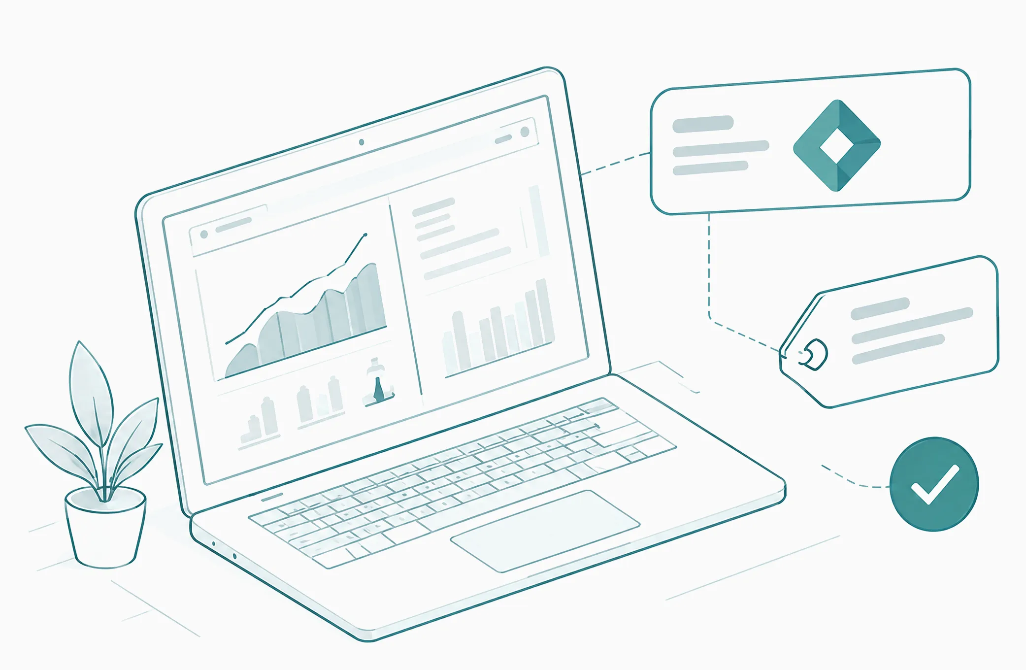 A laptop with analytics charts and tracking tags with a check mark.