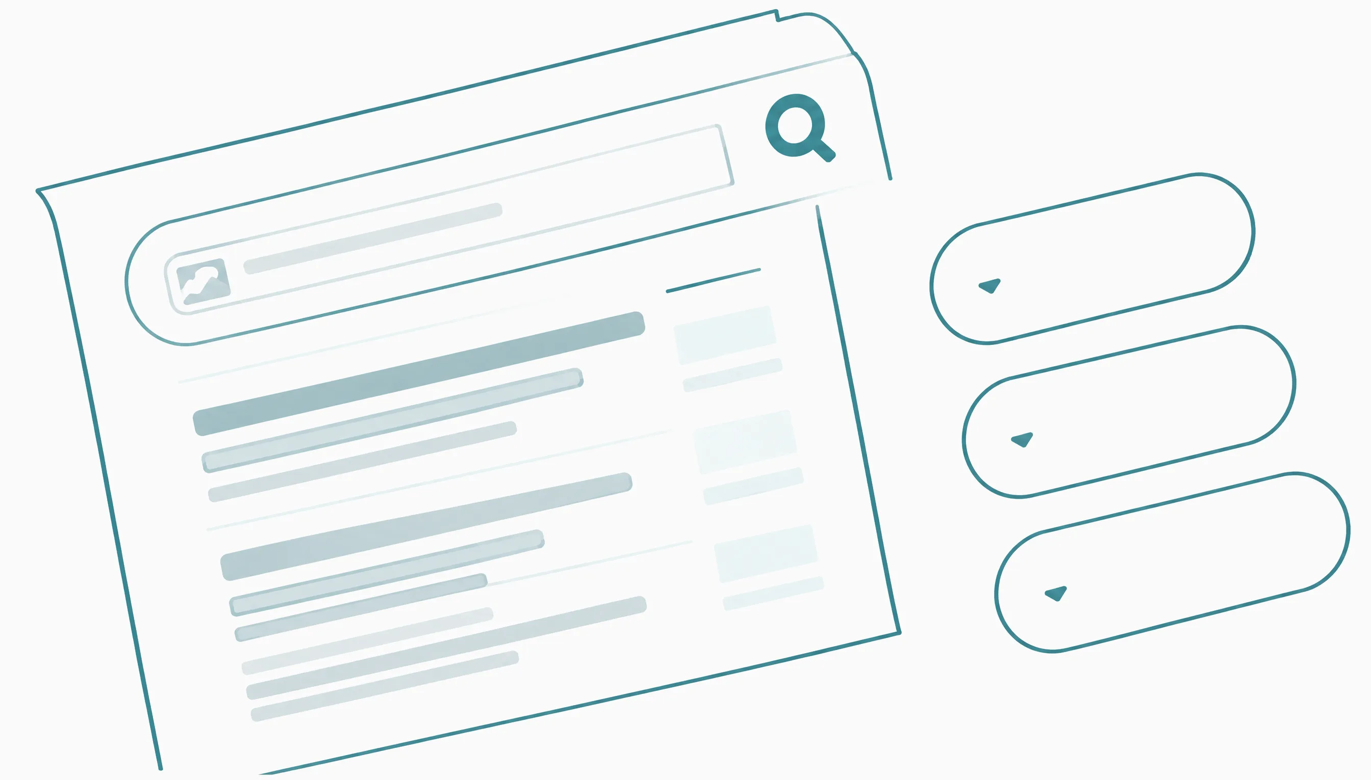 A search results page, a magnifier and three search terms.