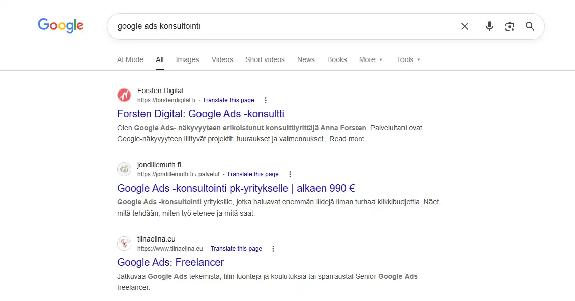 Google-hakutulos sanalle 'google ads konsultointi': jondillemuth.fi sijalla 2, heti Forsten Digitalin jälkeen