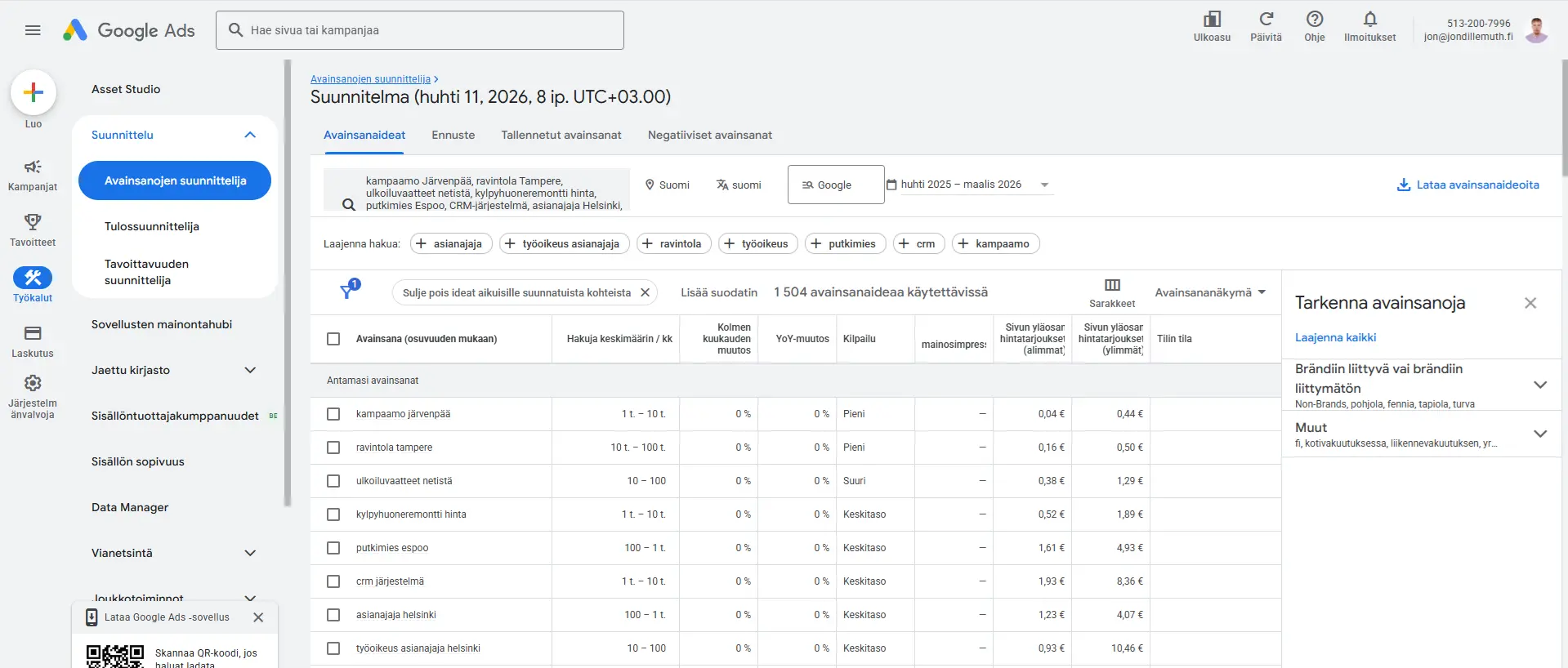Google Keyword Planner -näkymä: toimialakohtaiset klikkihinnat Suomessa huhtikuussa 2026, top-of-page bid -arviot eri avainsanoille