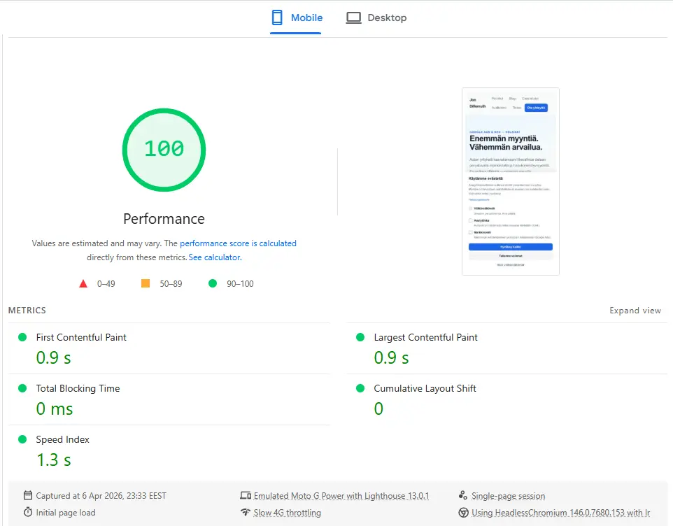 Core Web Vitals mittarit LCP, INP ja CLS tavoitearvoineen vihreällä, keltaisella ja punaisella vyöhykkeellä