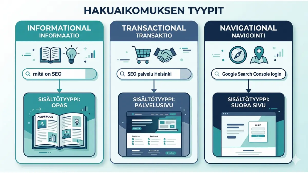 Hakuintentiotyypit: informational, transactional ja navigational esimerkkihakuineen ja oikealla sisältötyypillä