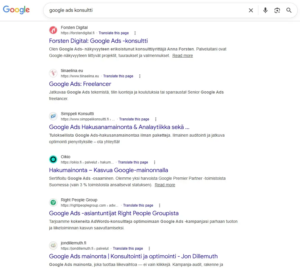 Googlen hakutulokset haulla google ads konsultti: kuusi orgaanista tulosta joissa näkyy title-tagi, URL ja meta-kuvaus
