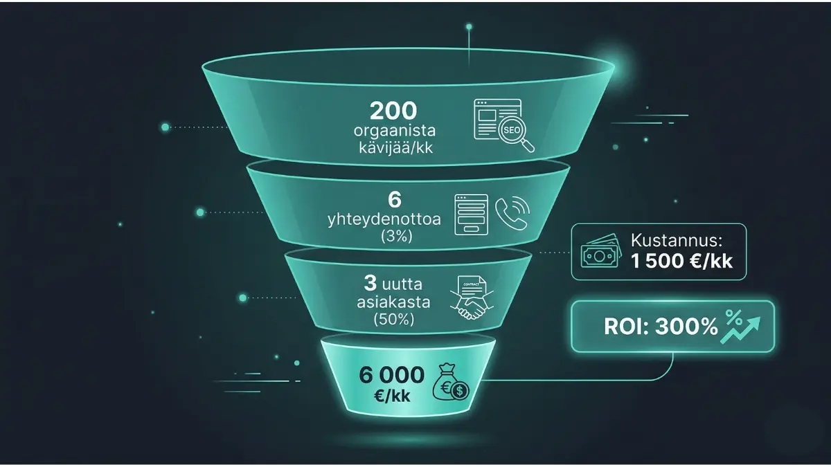 Hakukoneoptimoinnin ROI-laskelma funnelina: 200 kävijää, 6 yhteydenottoa, 3 asiakasta, 6000 euroa kuukaudessa