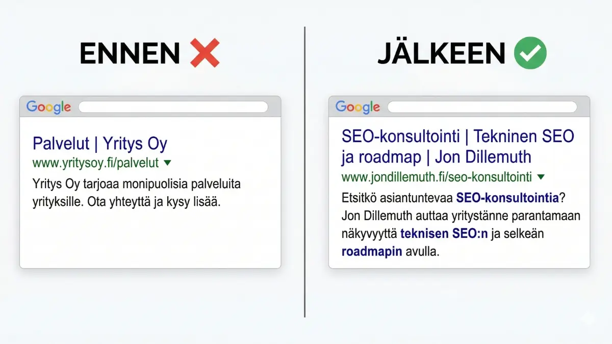 Ennen ja jälkeen vertailu: geneerinen title-tagi 'Palvelut' vs. optimoitu 'SEO-konsultointi | Tekninen SEO ja roadmap'