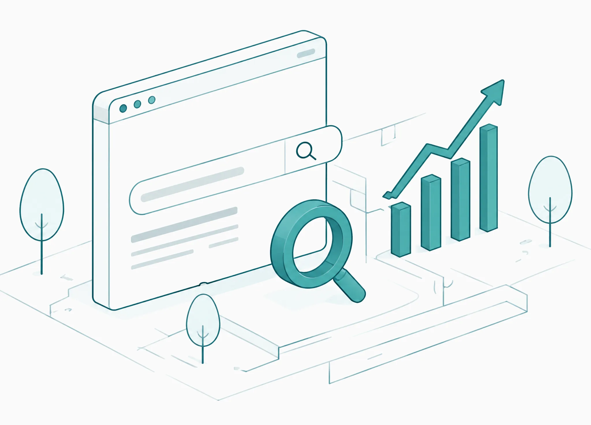 A search results page, a magnifier and a rising bar chart.