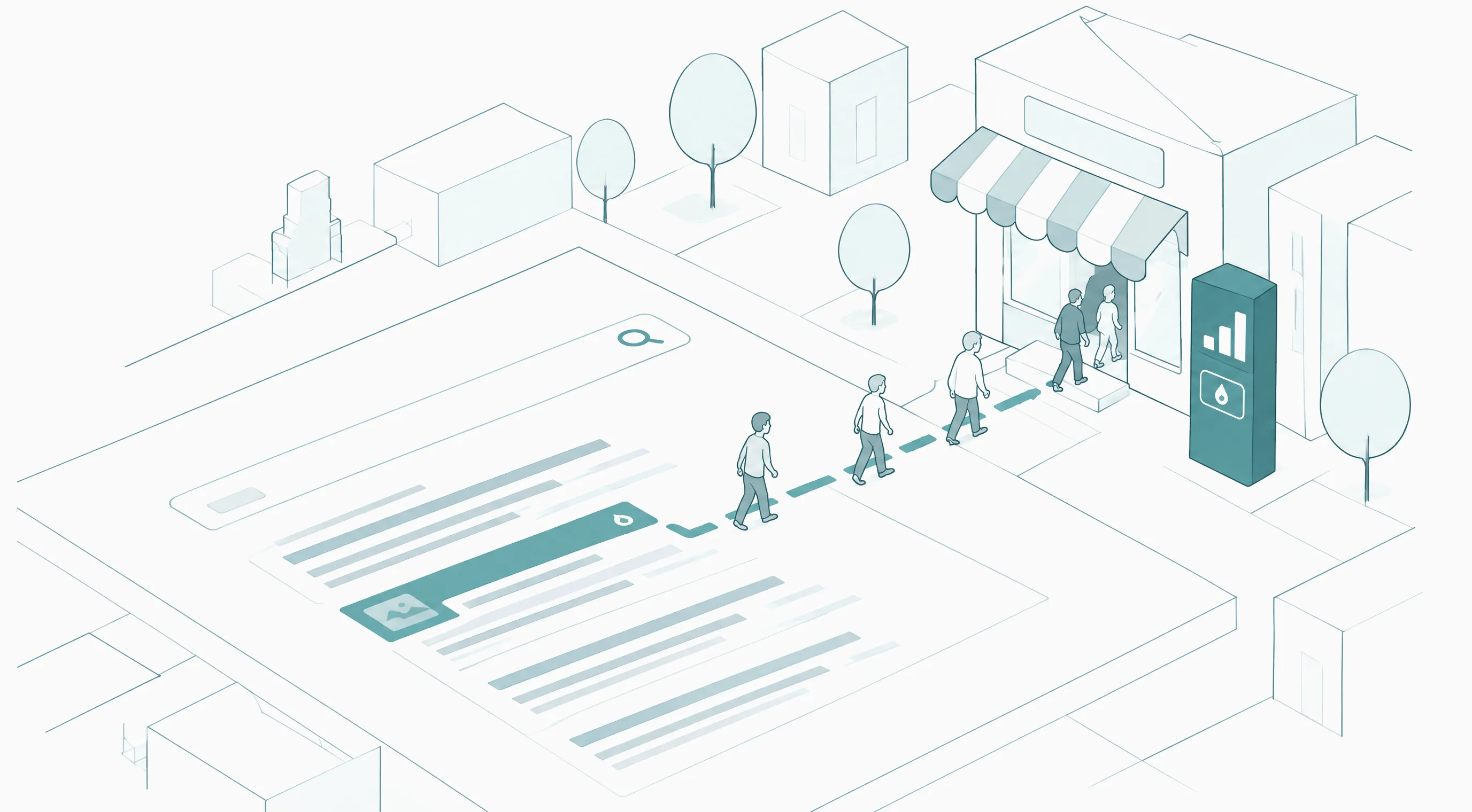Scale model: a Google results page as a plaza, people walking from one ad to a shop, and a petrol counter at the door showing which ad they came from.