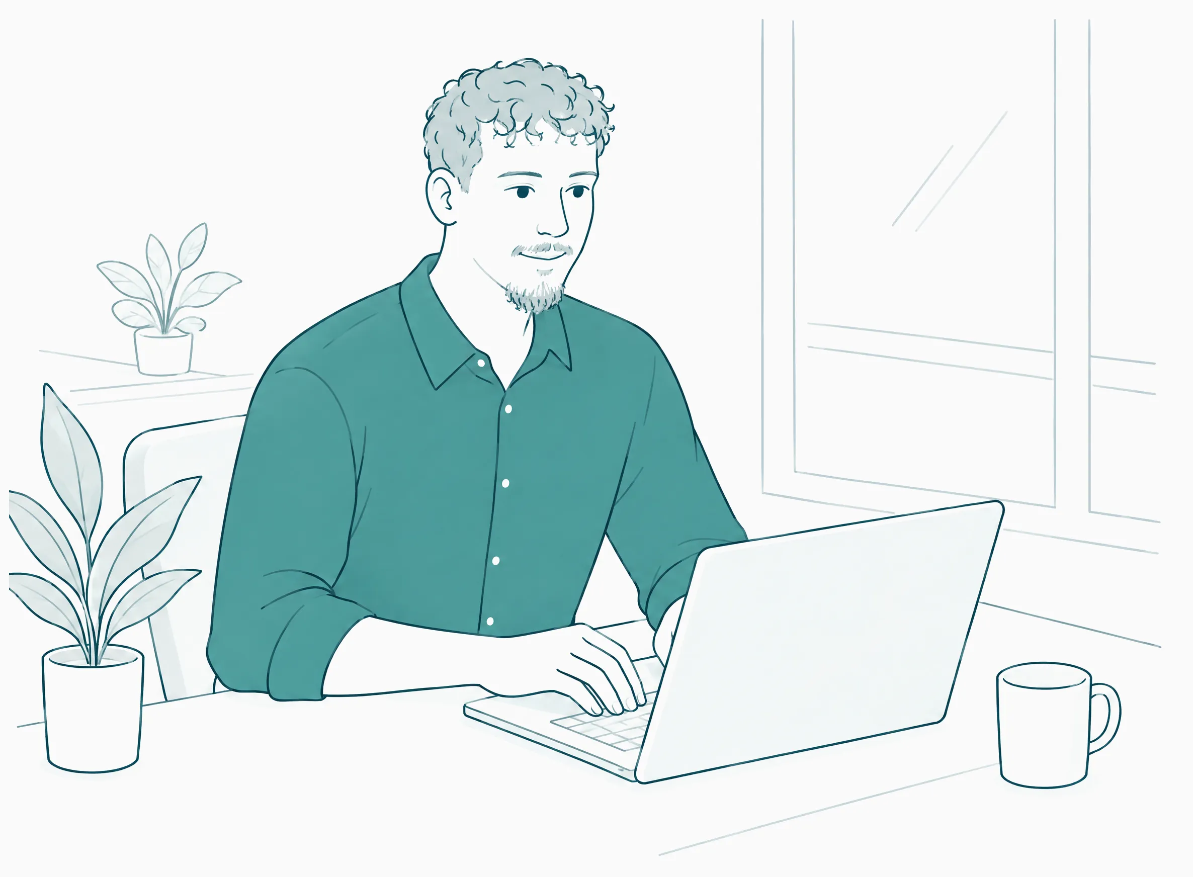Line drawing of Jon Dillemuth at a laptop.