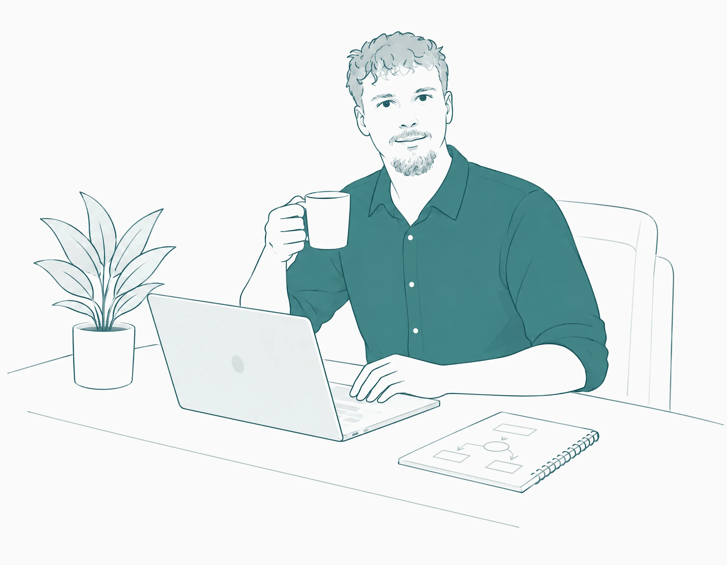 Line drawing of Jon Dillemuth at a laptop holding a coffee mug.