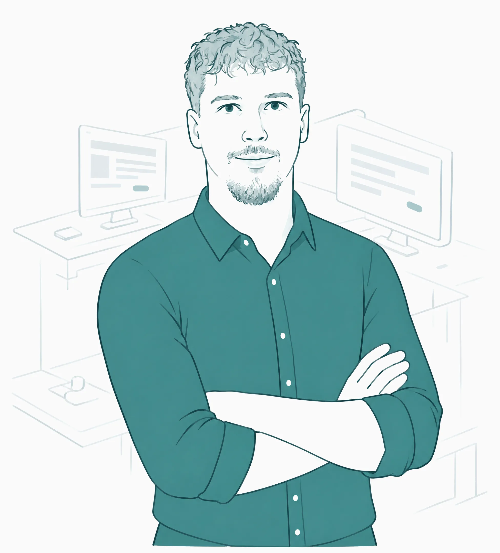 Line drawing of Jon Dillemuth with arms crossed in a petrol shirt.