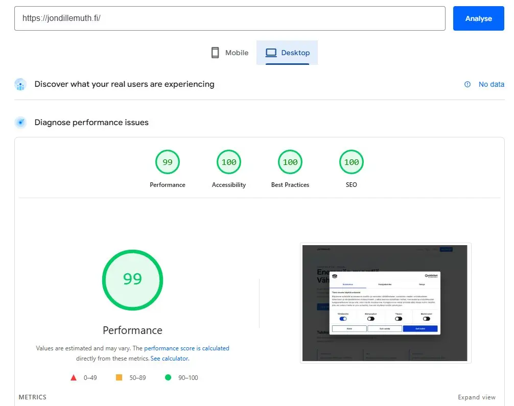 PageSpeed Insights -tulokset jondillemuth.fi desktopilla: Performance 99, Accessibility 100, Best Practices 100, SEO 100