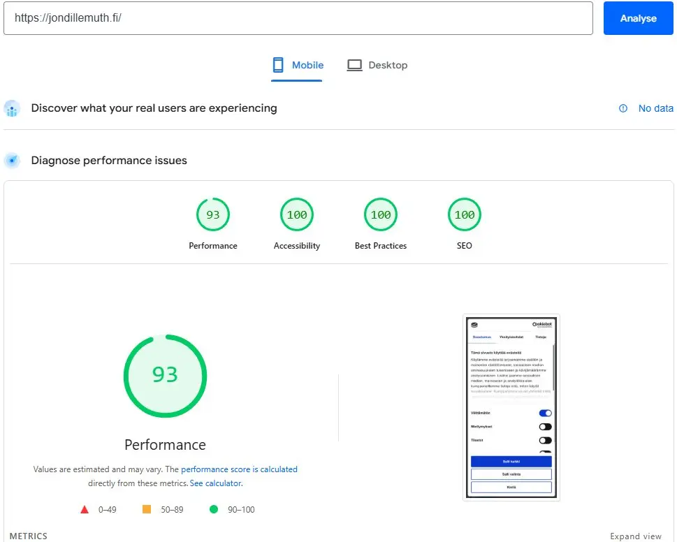 PageSpeed Insights -tulokset jondillemuth.fi mobiililla: Performance 93, Accessibility 100, Best Practices 100, SEO 100