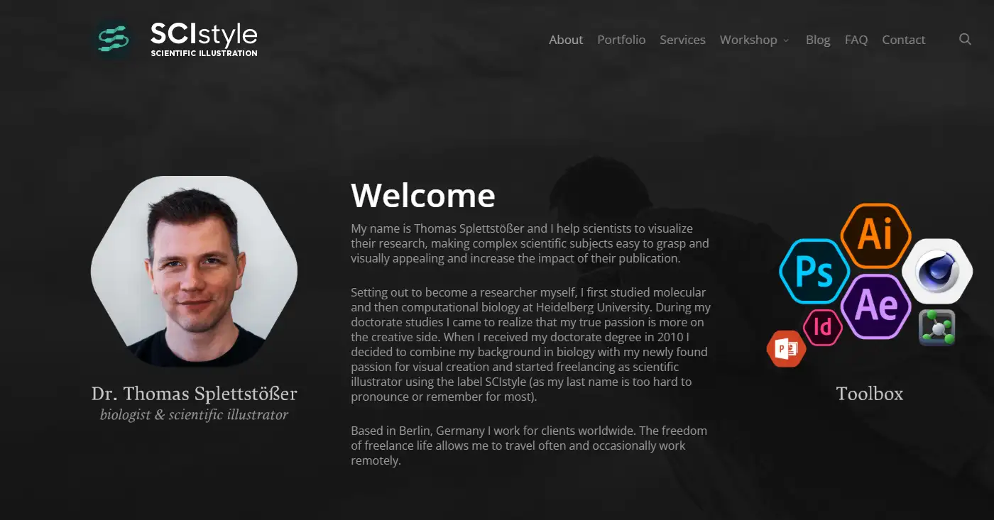 SciStyle.com about-sivu: 'Dr. Thomas Splettstoesser, biologist and scientific illustrator' kuvan vieressä, akateemiset referenssit ja yliopisto näkyvästi esillä