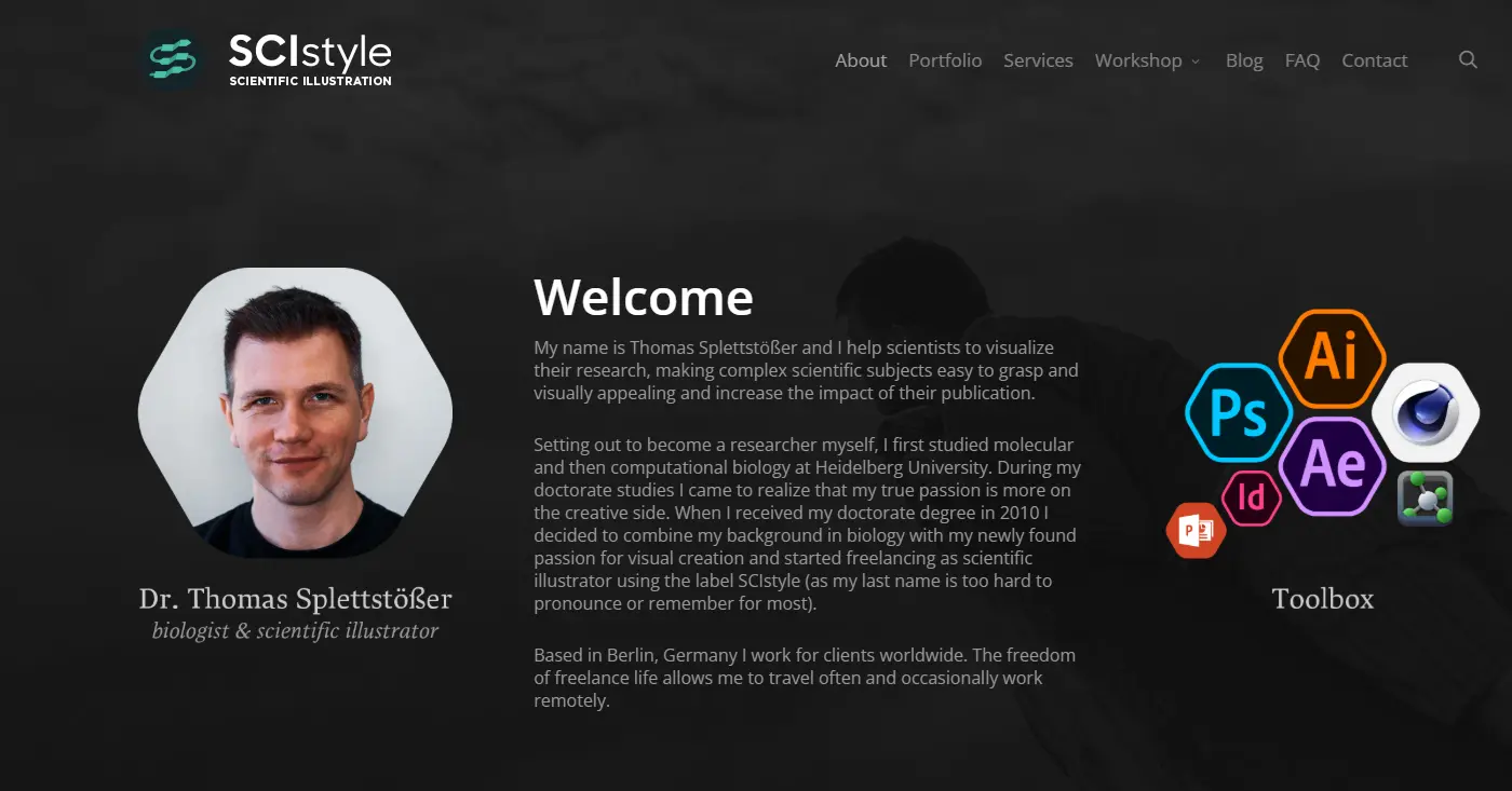 SciStyle.com about-sivu: 'Dr. Thomas Splettstoesser, biologist and scientific illustrator' kuvan vieressä, akateemiset referenssit ja yliopisto näkyvästi esillä