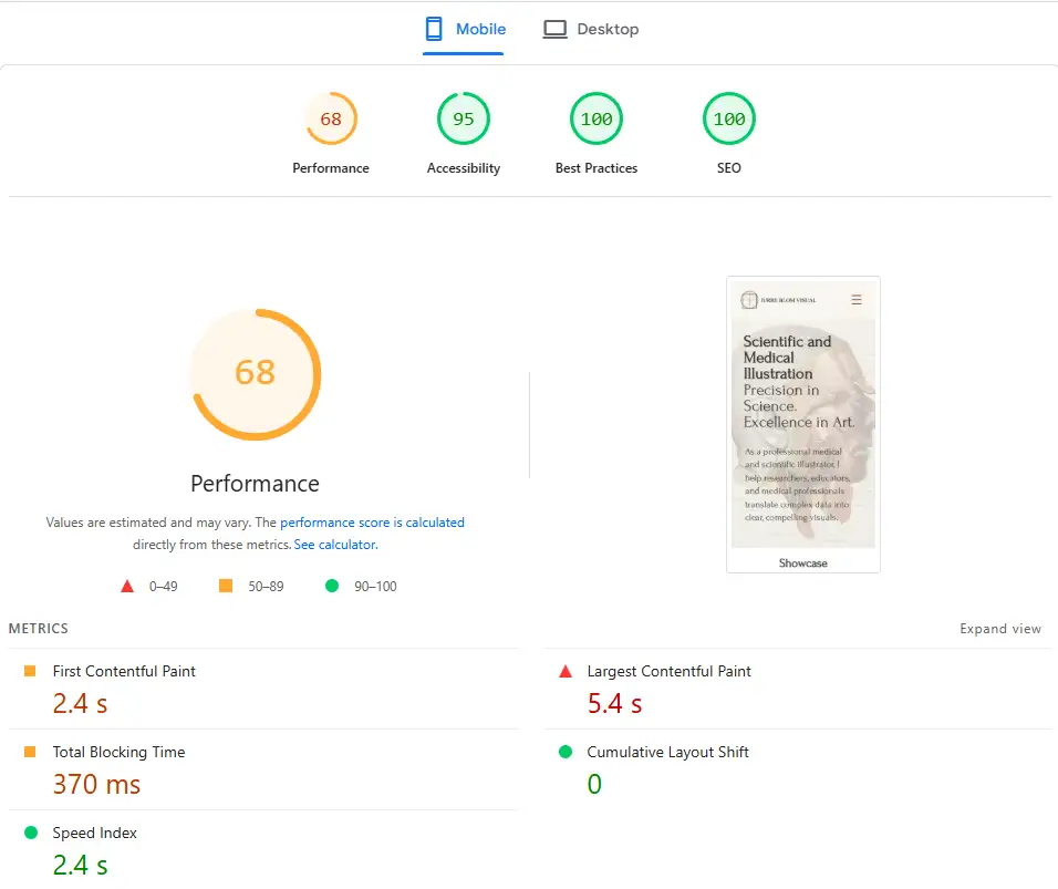 PageSpeed Insights jurreblom.nl mobiililla: Performance 68, Accessibility 95, Best Practices 100, SEO 100. FCP 2.4 s, LCP 5.4 s (punainen), TBT 370 ms, CLS 0, Speed Index 2.4 s