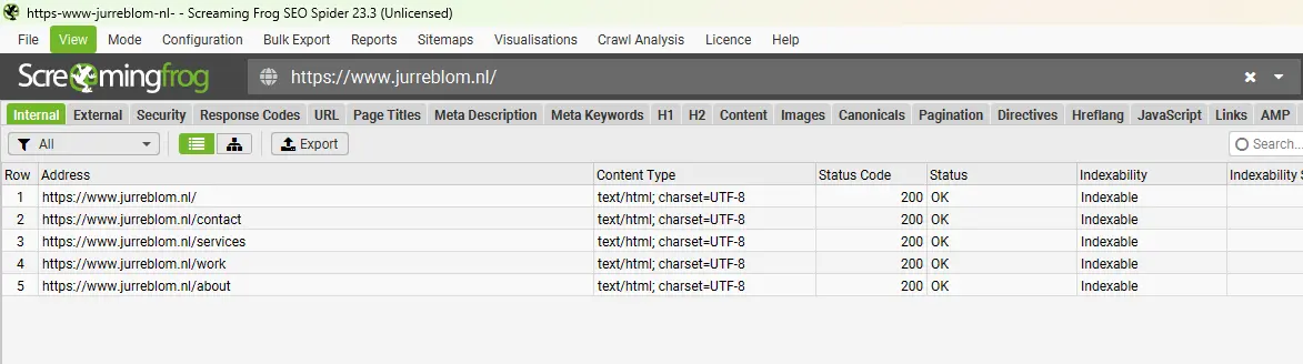 Screaming Frog SEO Spider -crawl jurreblom.nl: 5 sisäistä HTML-sivua (etusivu, contact, services, work, about), kaikki status 200 OK ja Indexable