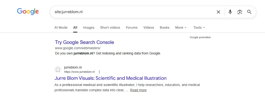 Google-hakutulos haulla site:jurreblom.nl, ensimmäinen tulos 'Jurre Blom Visuals: Scientific and Medical Illustration' meta-kuvauksella