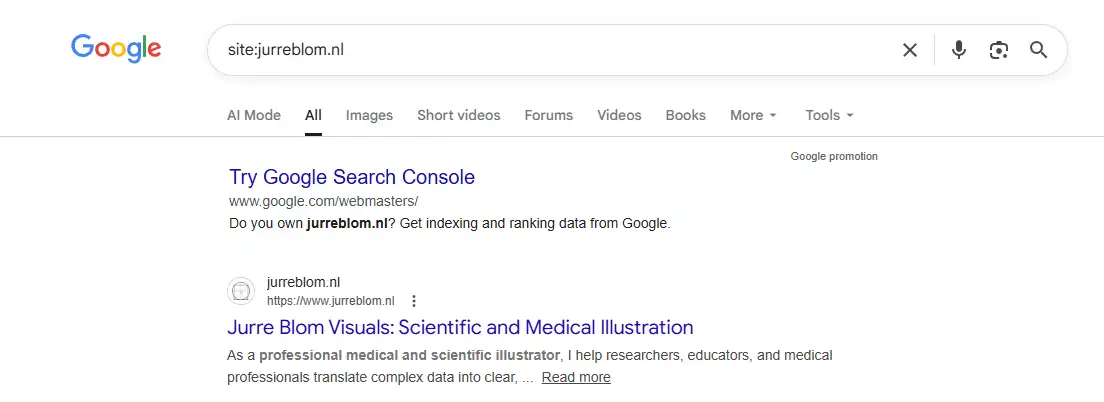 Google-hakutulos haulla site:jurreblom.nl, ensimmäinen tulos 'Jurre Blom Visuals: Scientific and Medical Illustration' meta-kuvauksella