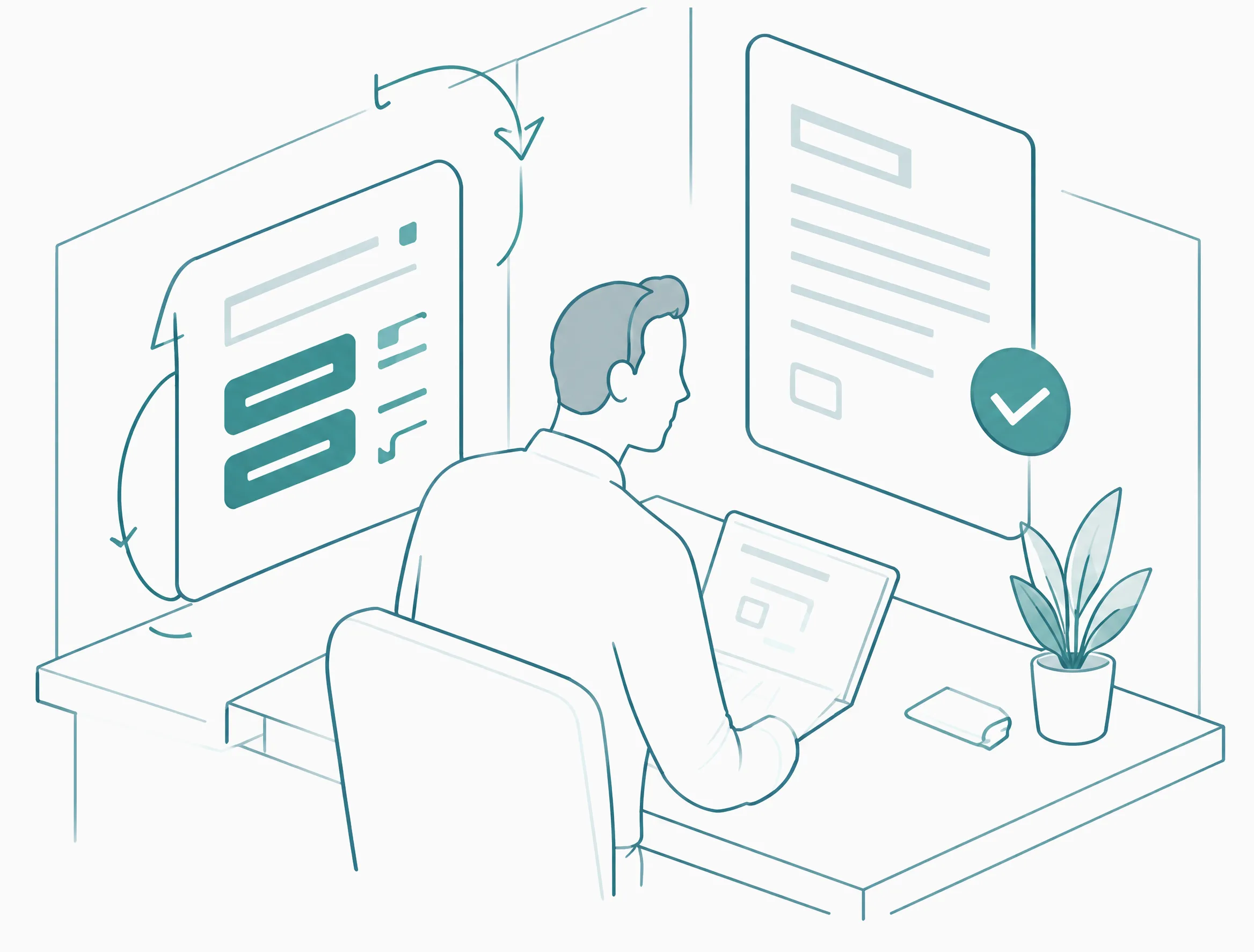 Invoices and a form on screen, with a check mark by the finished invoice.