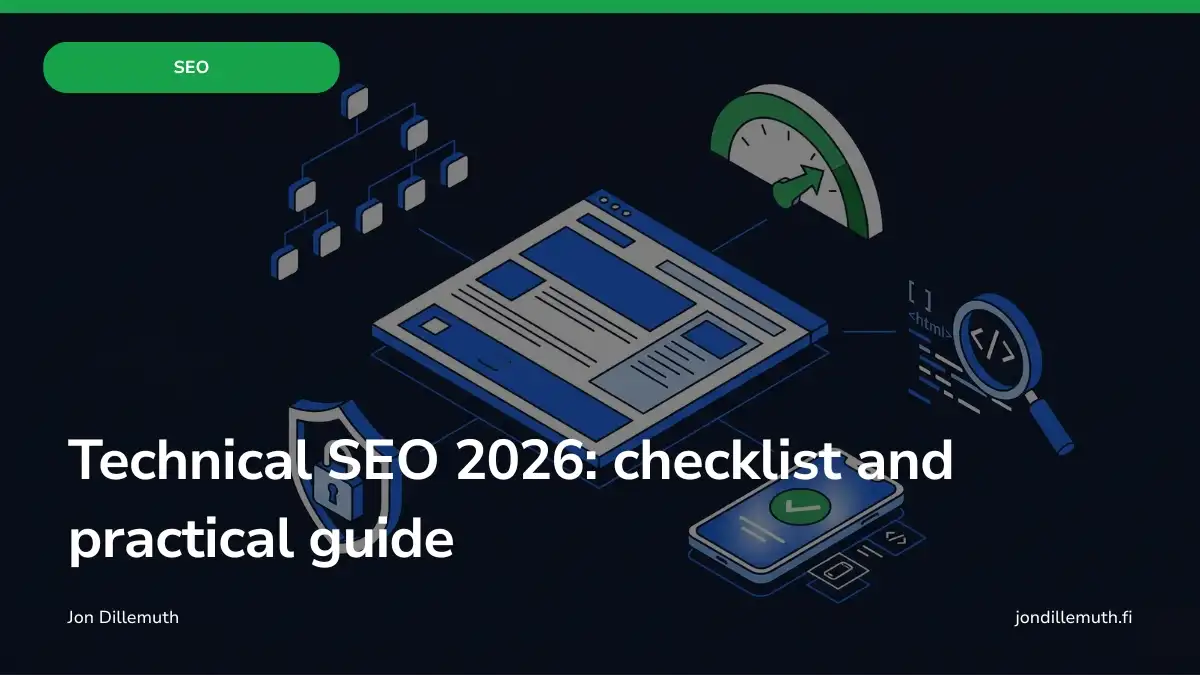 Technical SEO 2026 guide cover with site structure, performance, security and code inspection illustrations