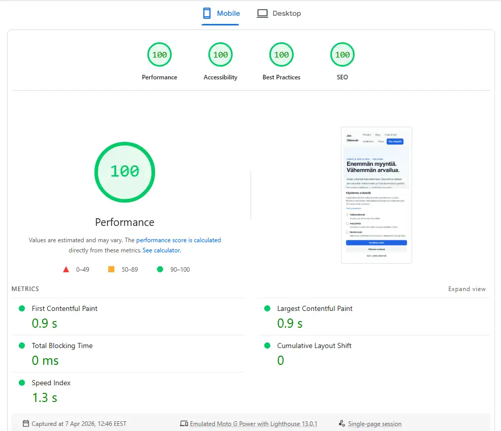 PageSpeed Insights 100/100 mobiililla: Performance 100, Accessibility 100, Best Practices 100, SEO 100. LCP 0,9s, TBT 0ms, CLS 0.