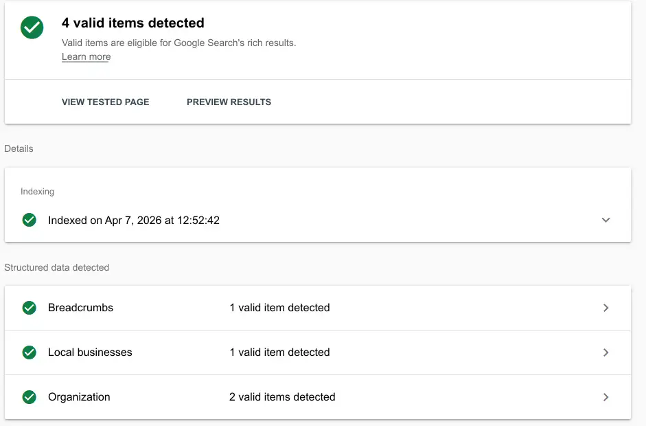 Google Rich Results Test for jondillemuth.fi homepage showing valid rich result items