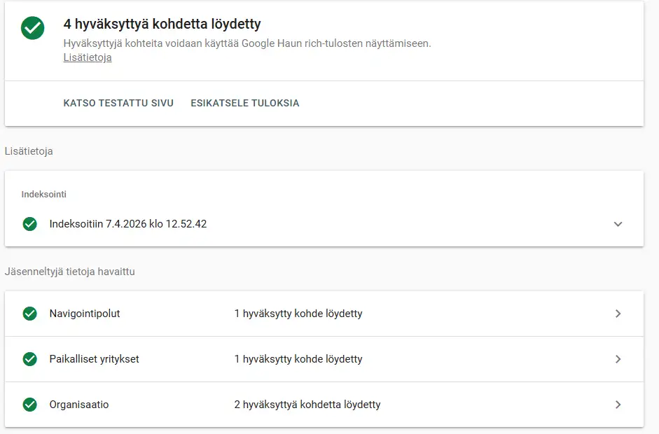 Google Rich Results Test jondillemuth.fi etusivulle: 4 hyväksyttyä kohdetta, Navigointipolut, Paikalliset yritykset ja Organisaatio