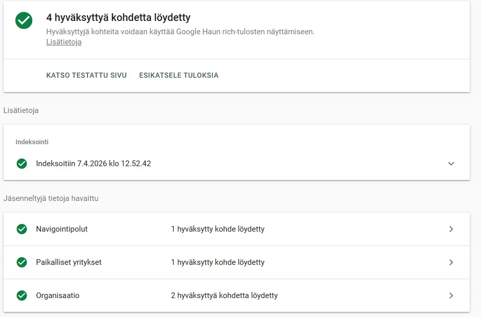 Google Rich Results Test jondillemuth.fi etusivulle: 4 hyväksyttyä kohdetta, Navigointipolut, Paikalliset yritykset ja Organisaatio