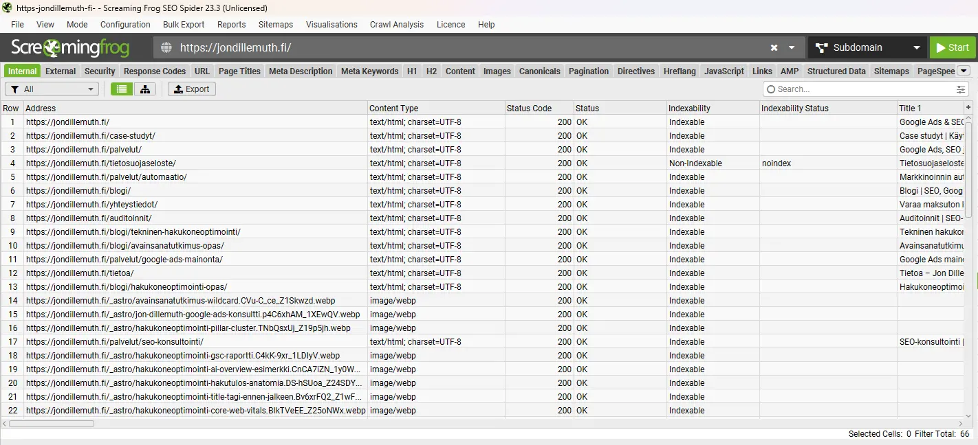 Screaming Frog SEO Spider crawl-näkymä jondillemuth.fi:lle: 22 sivua, statuskoodit, indeksoitavuus ja title-tagit