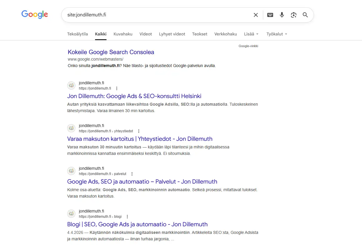 Google-haku site:jondillemuth.fi näyttää indeksoidut sivut: etusivu, yhteystiedot, palvelut ja blogi
