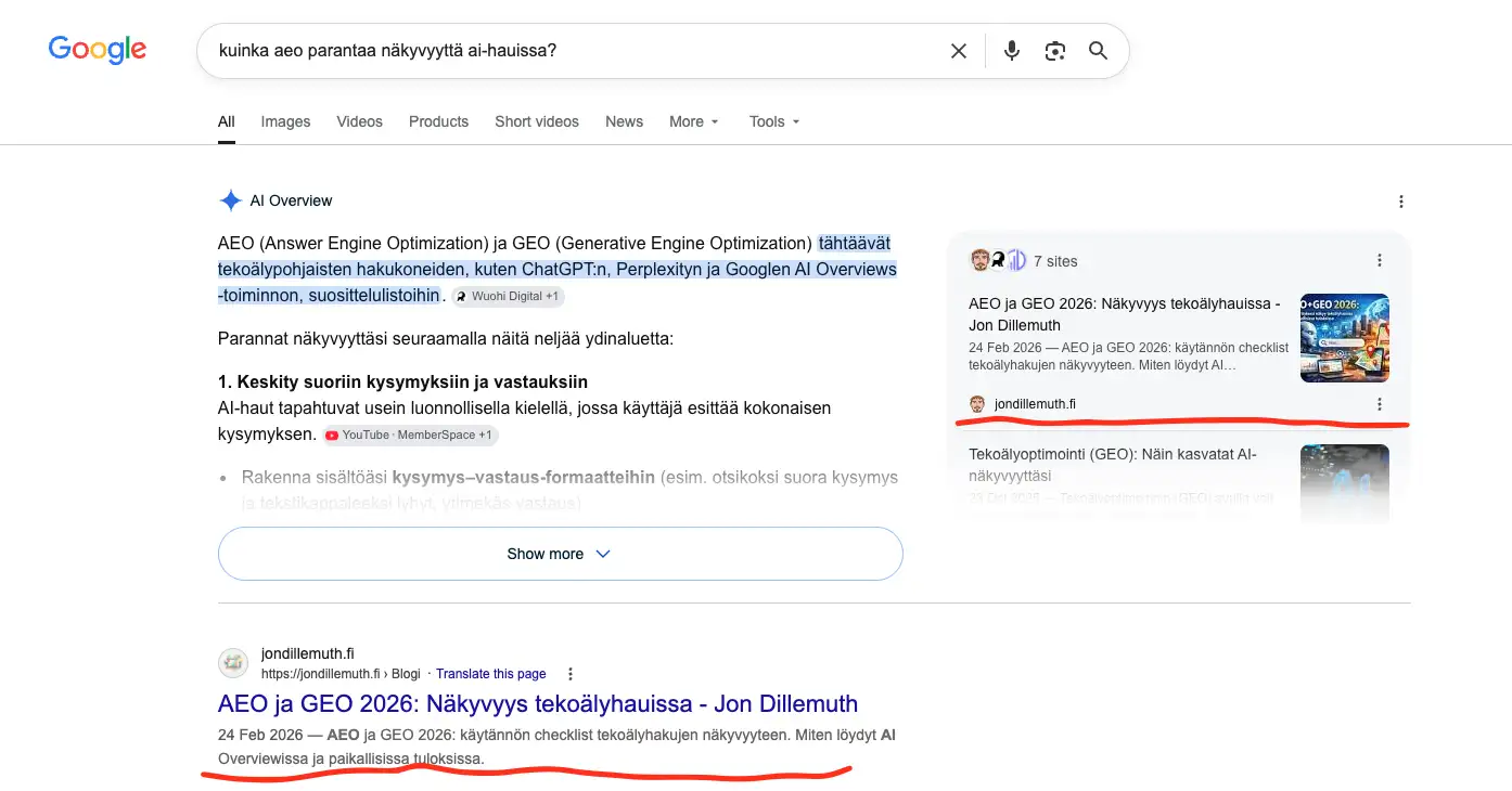 Google AI Overview -näkymä, jossa jondillemuth.fi näkyy lähdekorttina AEO- ja GEO-aiheisessa haussa