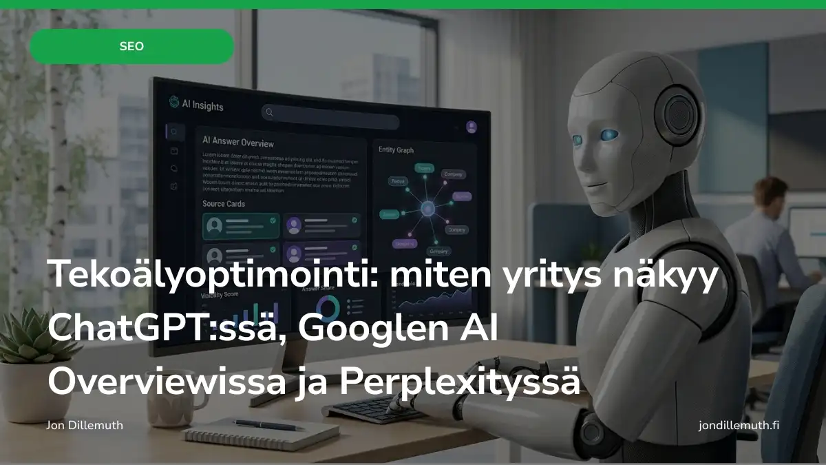 Tekoälyoptimoinnin pääkuva, jossa tekoälyavustaja analysoi AI-hakutuloksia ja lähdekortteja