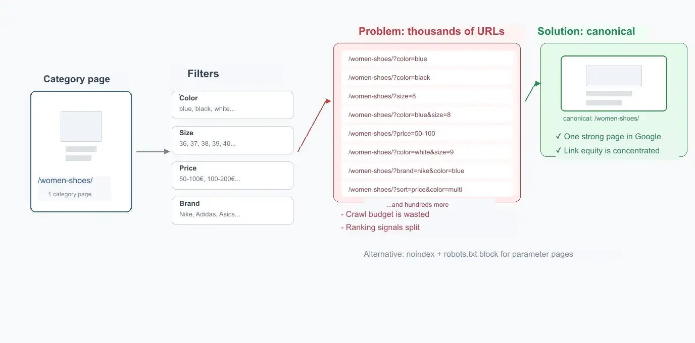 Faceted navigation issue where one category page creates thousands of duplicate URLs through filters, solved with canonical tags