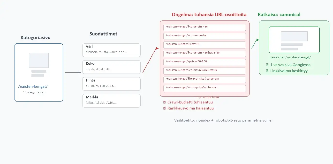 Faceted navigation -ongelma: yksi kategoriasivu tuottaa suodattimien kautta tuhansia duplikaatti-URL-osoitteita, ratkaisu canonical-tagilla