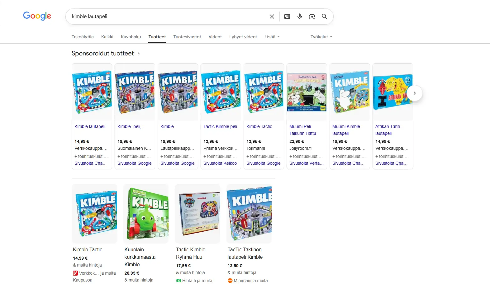 Google Shopping results showing product images, prices and store names directly on the search results page