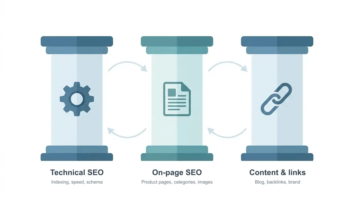 The three areas of ecommerce SEO: technical SEO, on-page SEO, and content plus links